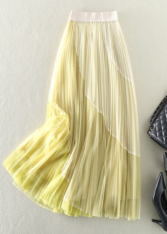 Natural Yellow Elastic Waist Patchwork Tulle Pleated Skirts Spring