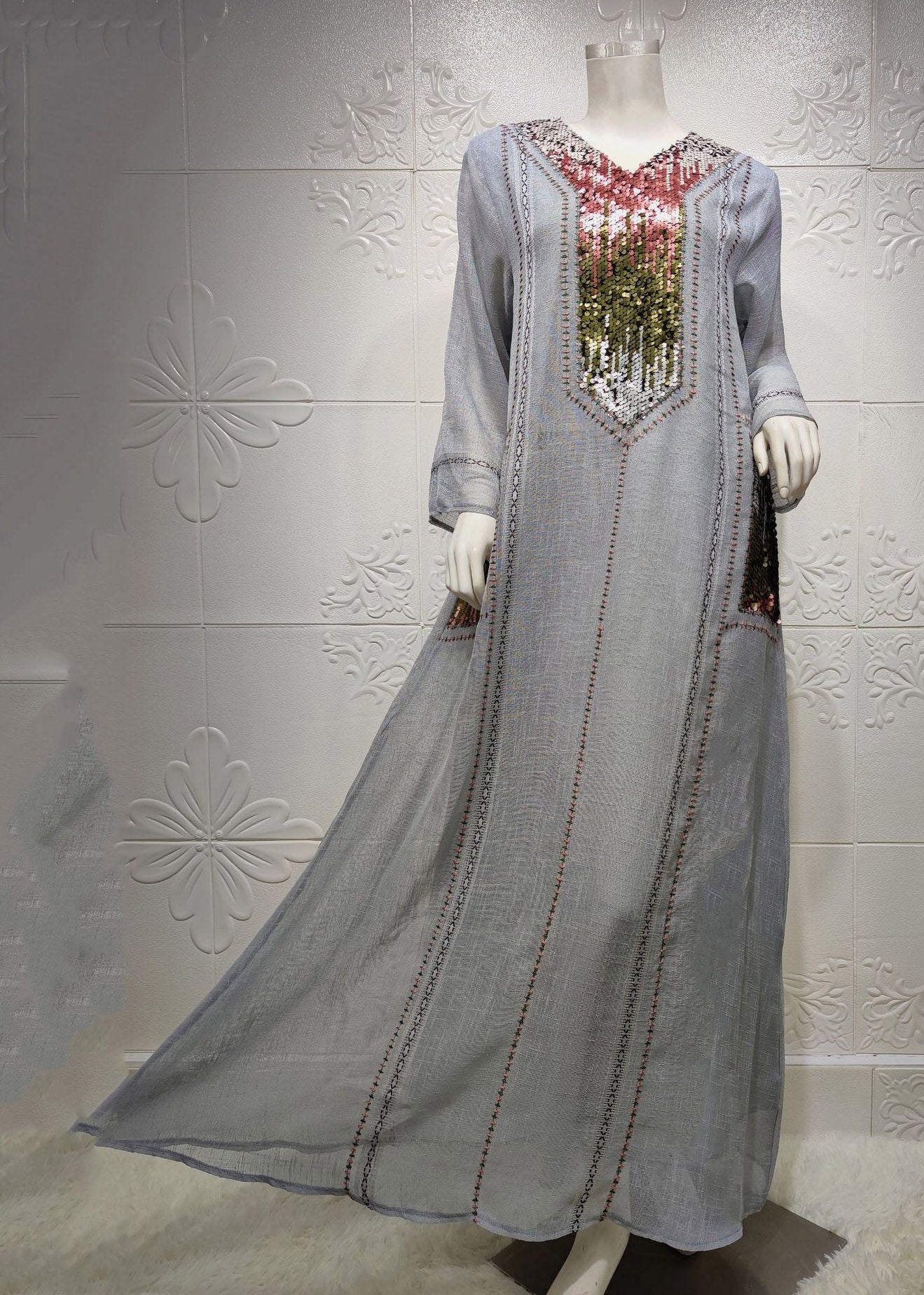 New Grey Style Sequined Embroidered V Neck Long Dress