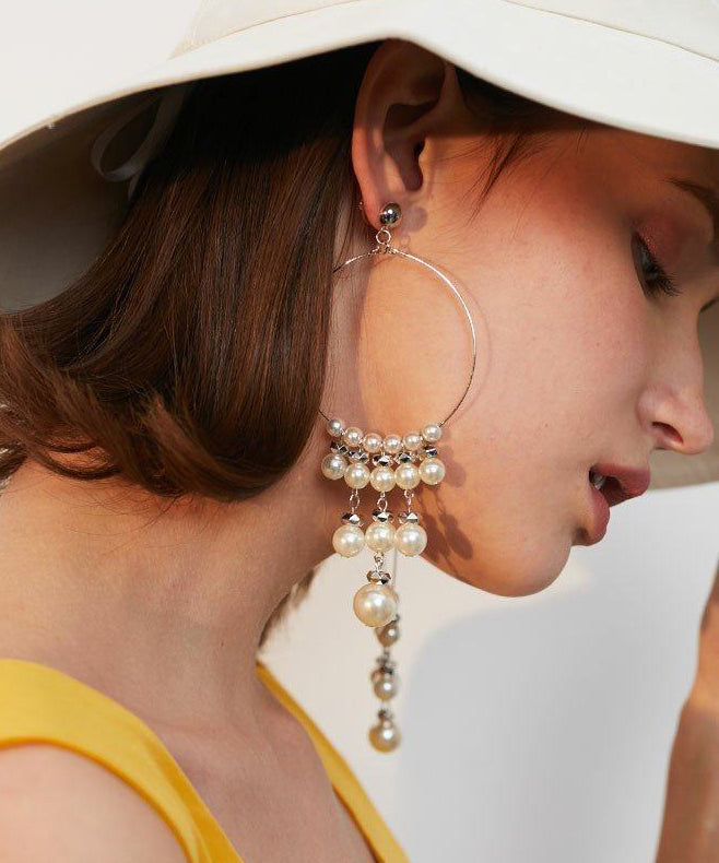 Stylish Silk Circle Pearl Tassels Silver Plated Long Drop Earrings