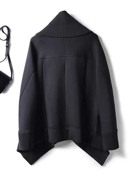 Organic Black Peter Pan Collar Button Cotton Trench Coats Batwing Sleeve