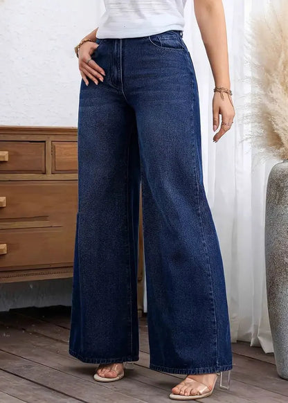Dark Blue Pockets Patchwork Wide Leg Jeans Fall