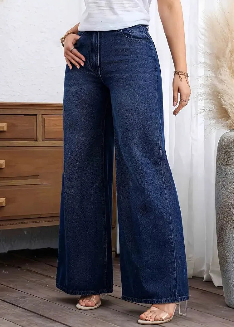 Dark Blue Pockets Patchwork Wide Leg Jeans Fall
