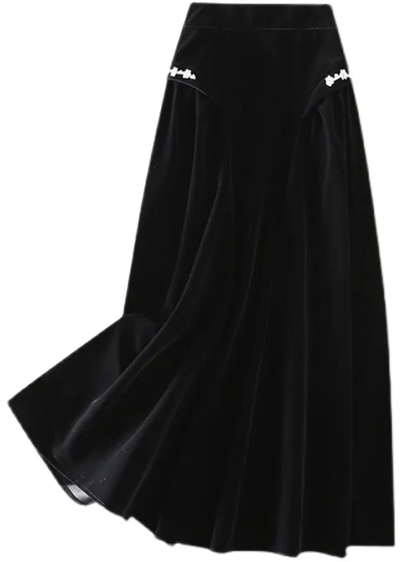 Art Black Zip Up Silk Velour a Line Skirts Spring