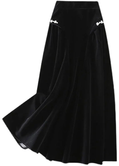 Art Black Zip Up Silk Velour a Line Skirts Spring