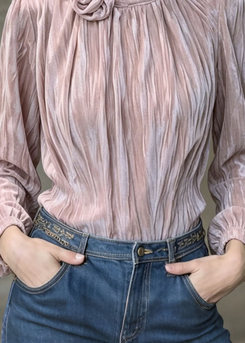 French Purple Wrinkled Velour Shirt Top Spring