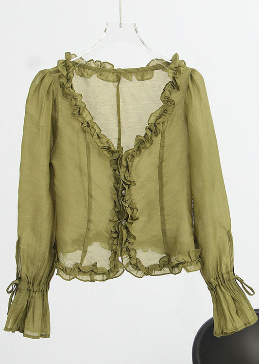 French Green Ruffled V Neck Chiffon Tops Spring