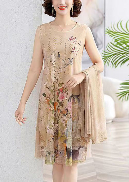 Loose Khaki Cardigan and Dress Chiffon Two Piece Set Summer