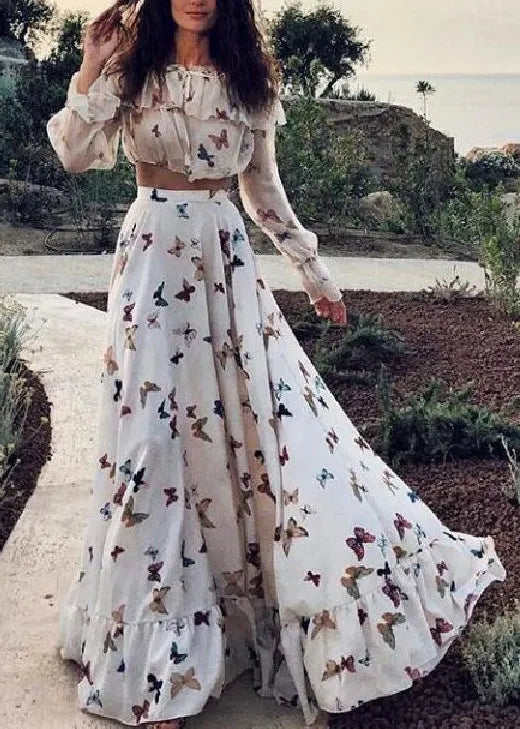 White Butterfly Print Tops and Skirts Cotton Two Pieces Set Spring