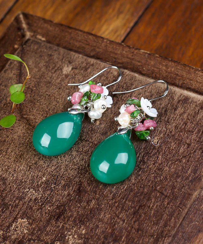 Green Silver Inlaid Shell Flower Chalcedony Pearl Drop Earrings
