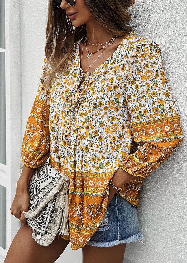 Yellow V Neck Lace Up Print Patchwork Cotton Top Long Sleeve