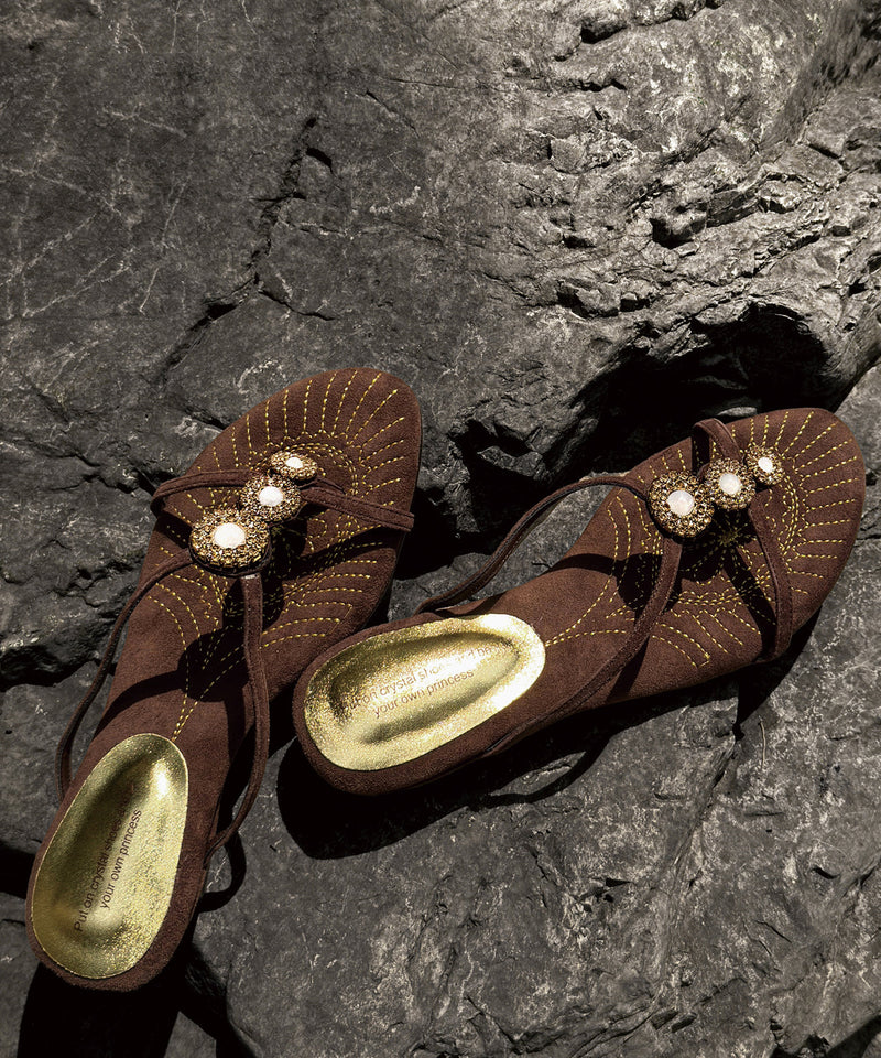 Brown Zircon Splicing Wedge Suede Slide Sandals