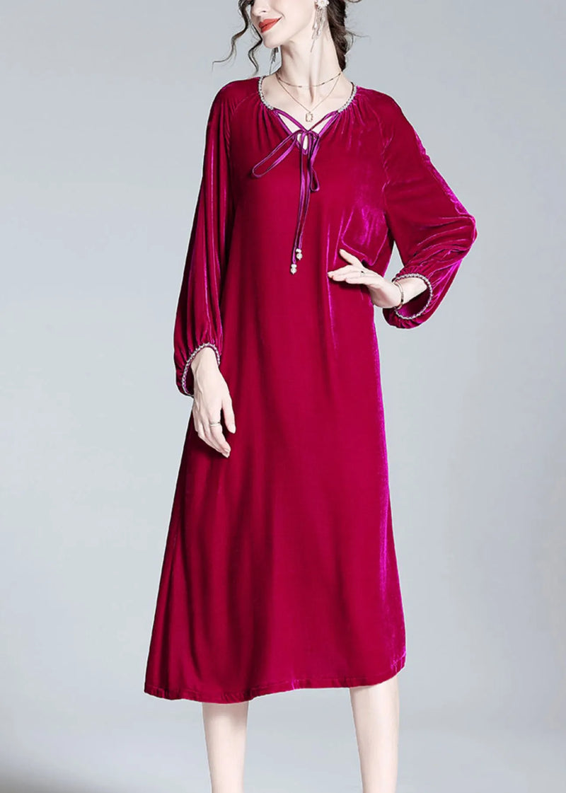 Handmade Red V Neck Neck Tie Velour Maxi Dress Spring