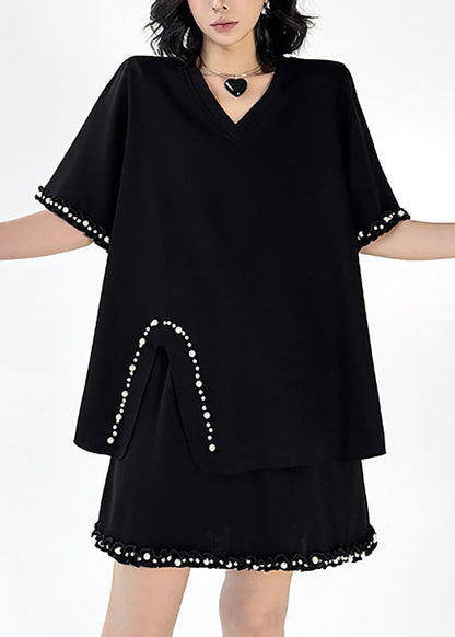 Black V Neck Nail Bead Cotton Two Pieces Set Summer