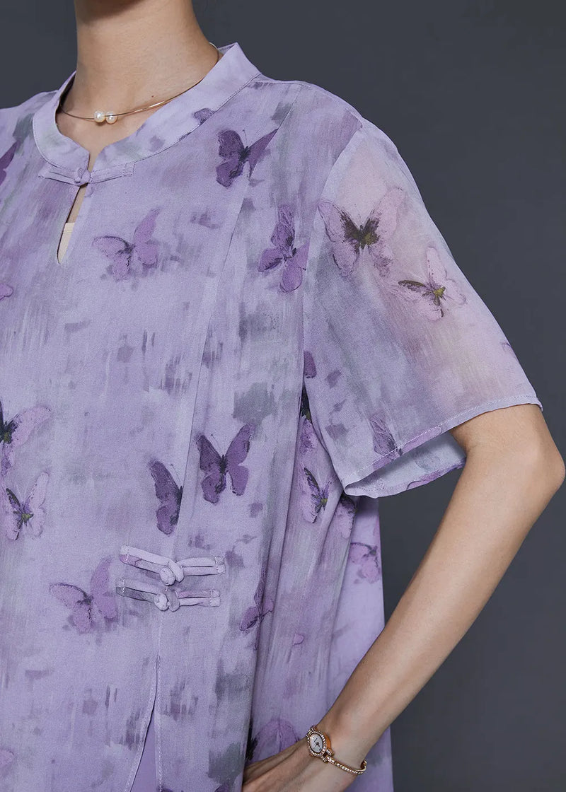 Purple Butterfly Chinese Button Chiffon Fake Two Piece Dresses Summer