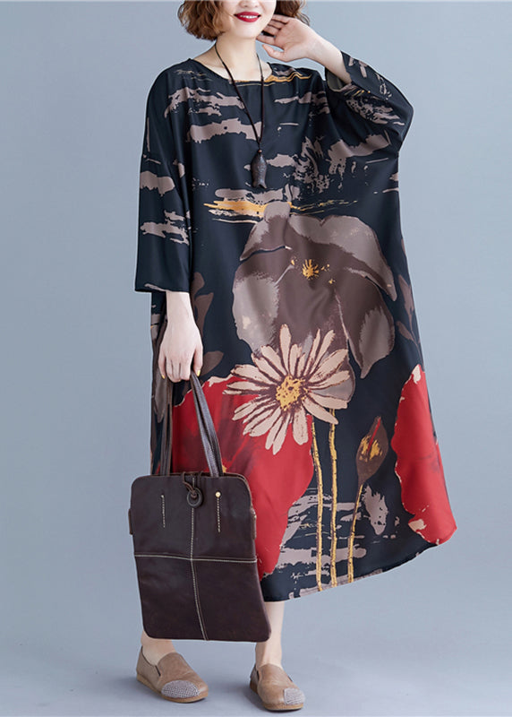 Loose Black O-neck Print Maxi Dress Long Sleeve