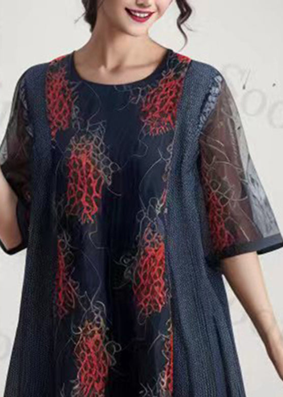 Gradient Color Blue O-neck Print Silk Long Dresses Short Sleeve