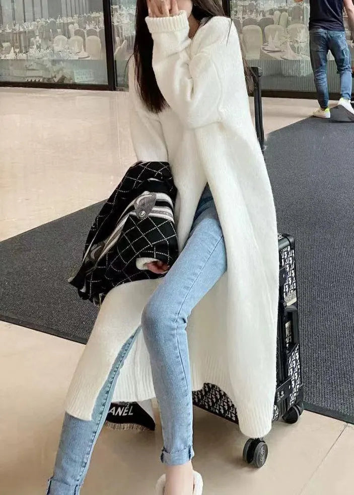Italian White O Neck Side Open Patchwork Knit Sweaters Dress Fall