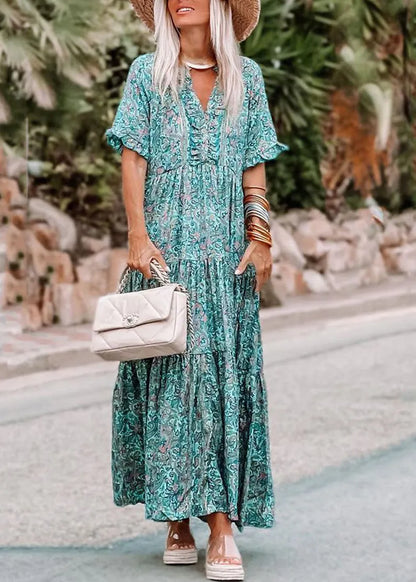 Blue Ruffled Patchwork Maxi Dress Short Sleeve