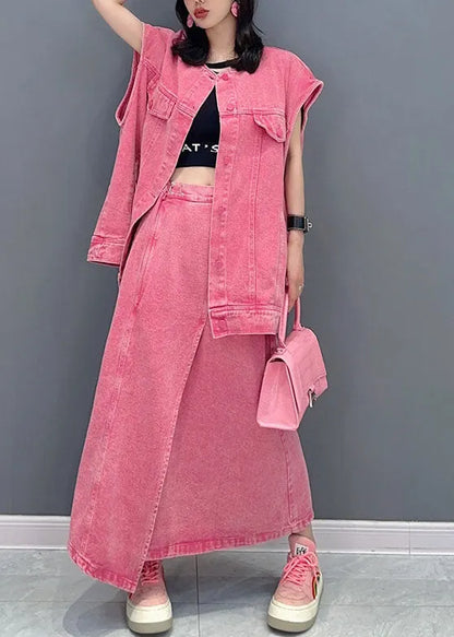 Pink Vest and Skirts Denim Two Piece Set Clothing Summer