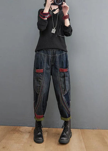Navy Elastic Waist Pockets Patchwork Cotton Denim Pants Fall