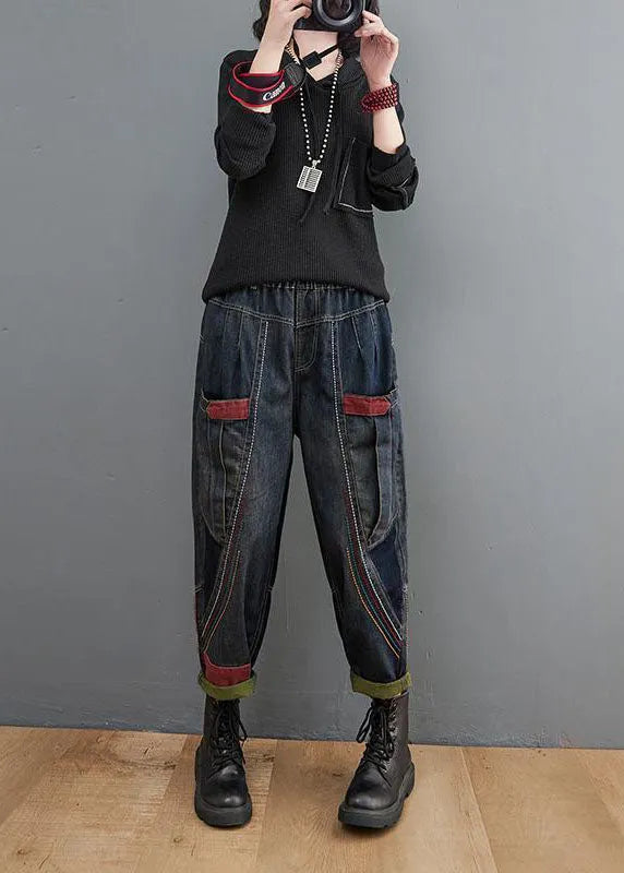 Navy Elastic Waist Pockets Patchwork Cotton Denim Pants Fall