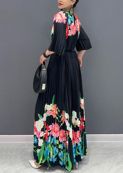 Classy Black O-neck Print Flattering Maxi Dresses Half Sleeve