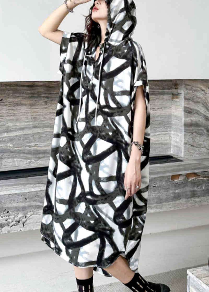 Black Hooded Print Patchwork Silk Cotton Long Dress Summer