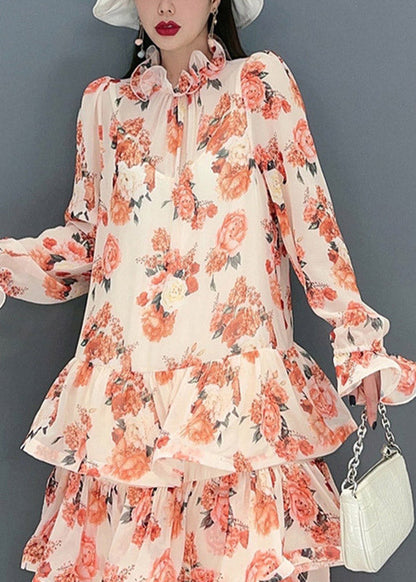 Pink Ruffled Print Layered Chiffon Long Dresses Long Sleeve