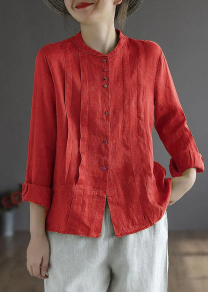 White Flower Button Fall Top Long Sleeve Linen