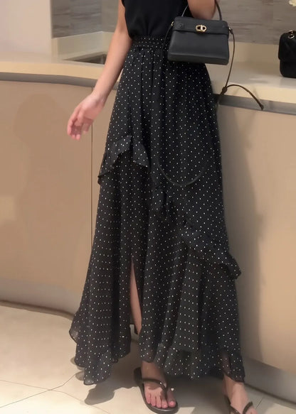 Fine Black Dot Ruffled Side Open Patchwork Chiffon Skirt Summer