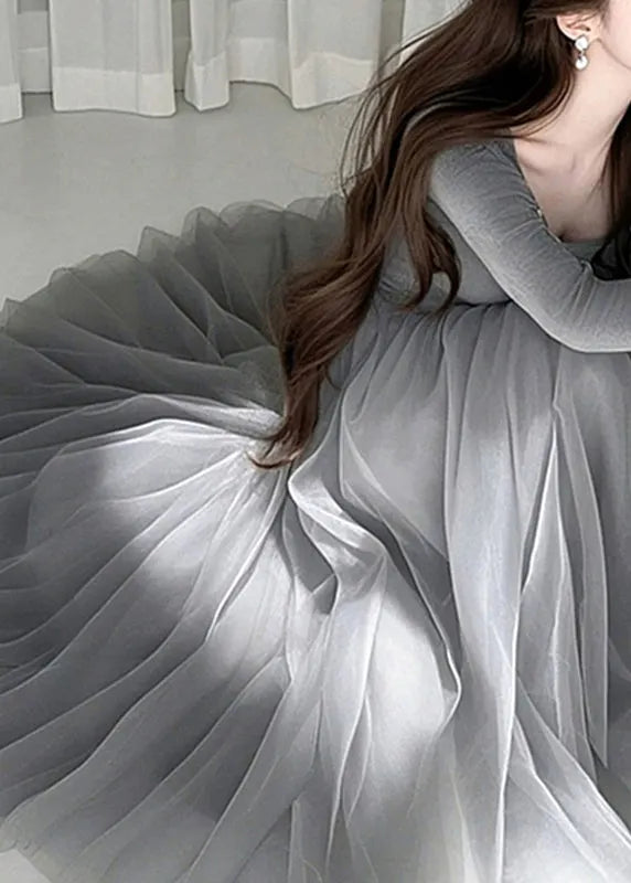 Grey O-neck Tulle Maxi Dress Spring