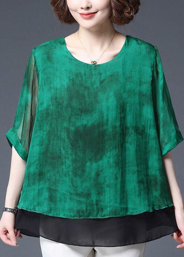 Green Layered Design Chiffon Tops Side Open Half Sleeve