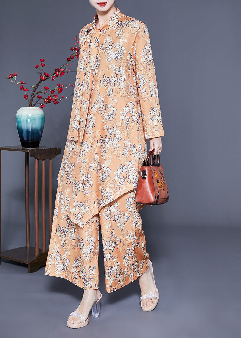 Modern Khaki Bow Asymmetrical Design Print Silk Two Piece Set Clothing Spring