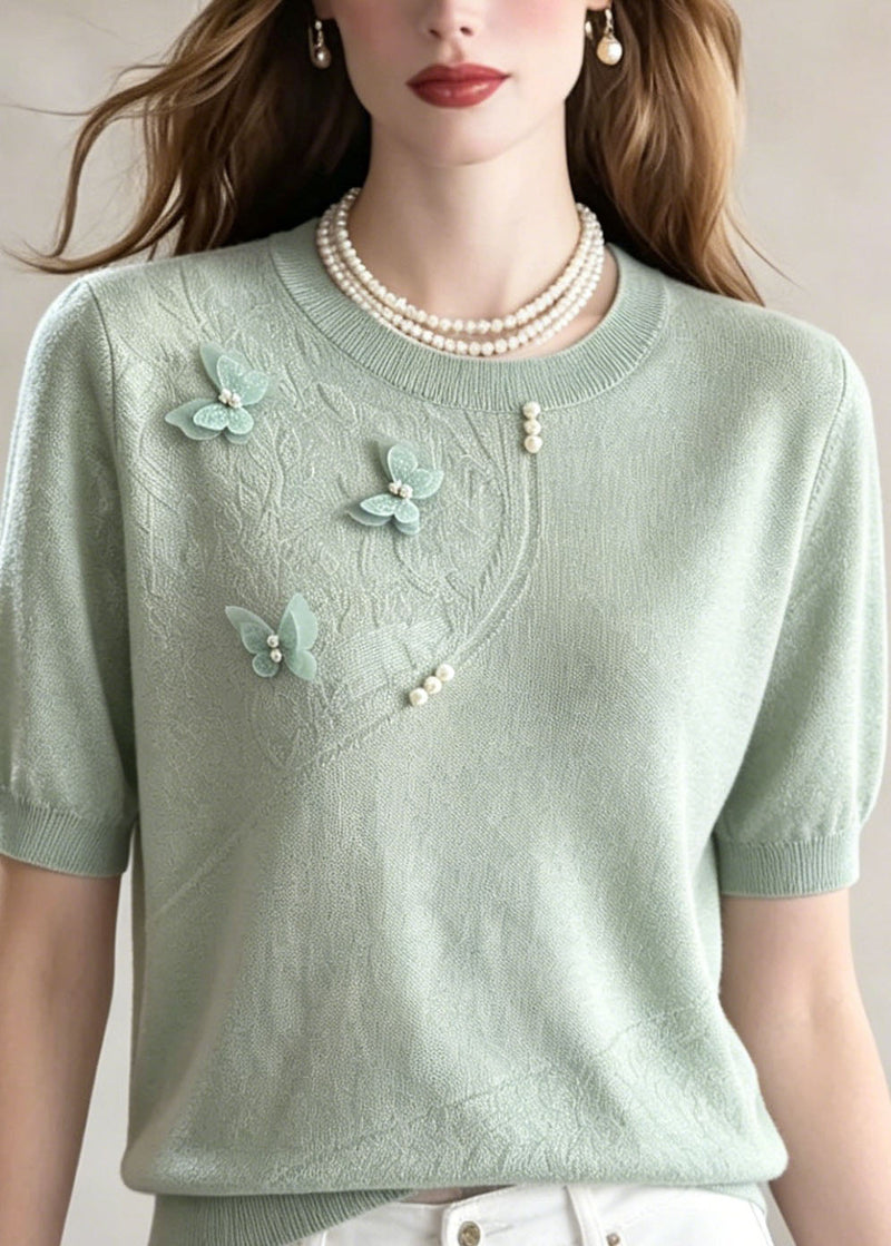 Green Jacquard Butterfly Nail Bead Thin Knit Tops Summer