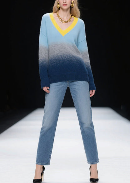 Mixed Color V Neck Warm Knitted Tops Winter