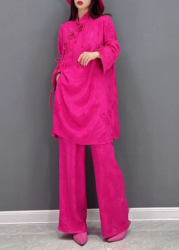 Rose Jacquard Silk Long Tops and Wide Leg Pants Two Pieces Set Stand Collar Long Sleeve