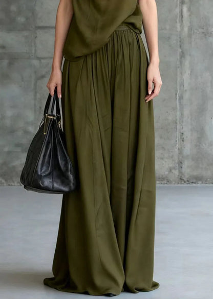 Style Army Green One Shoulder Knotted Cotton Two Piece Set Sleeveless