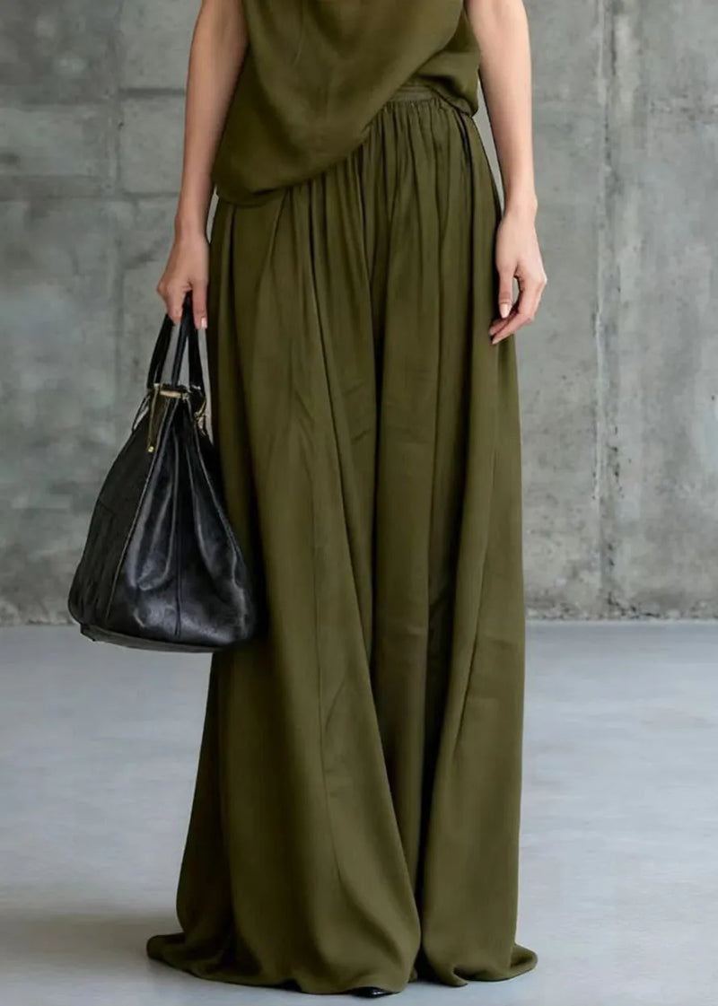 Style Army Green One Shoulder Knotted Cotton Two Piece Set Sleeveless