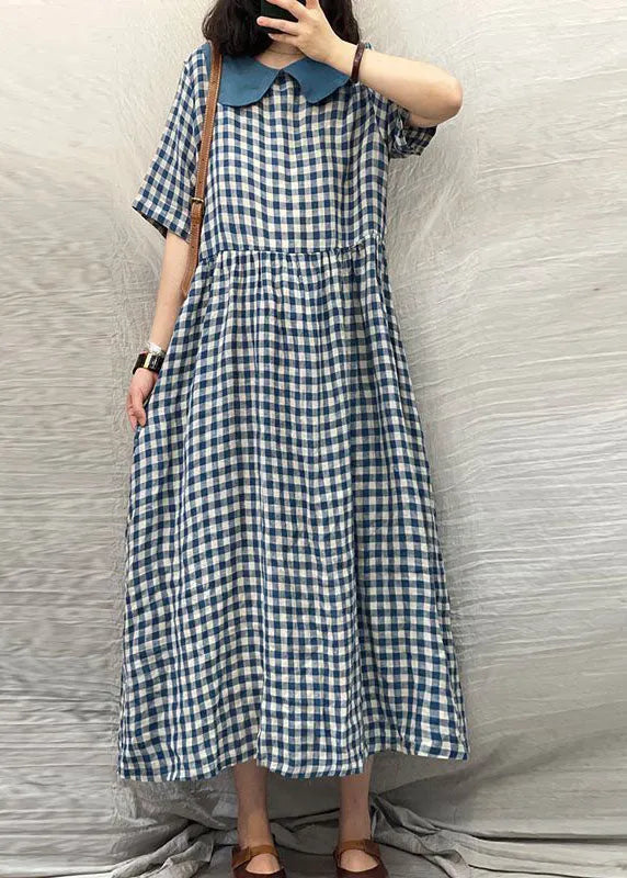 Blue Peter Pan Collar Plaid Linen Dresses Summer