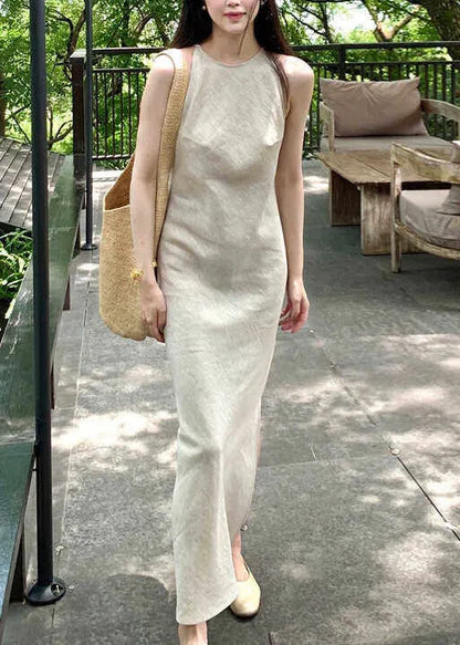 Beige Side Open Linen Ankle Dress Summer