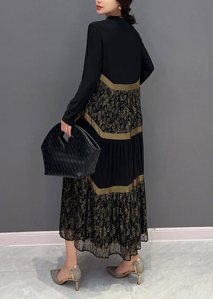 Black V Neck Print Tulle Patchwork Cotton Dresses Fall