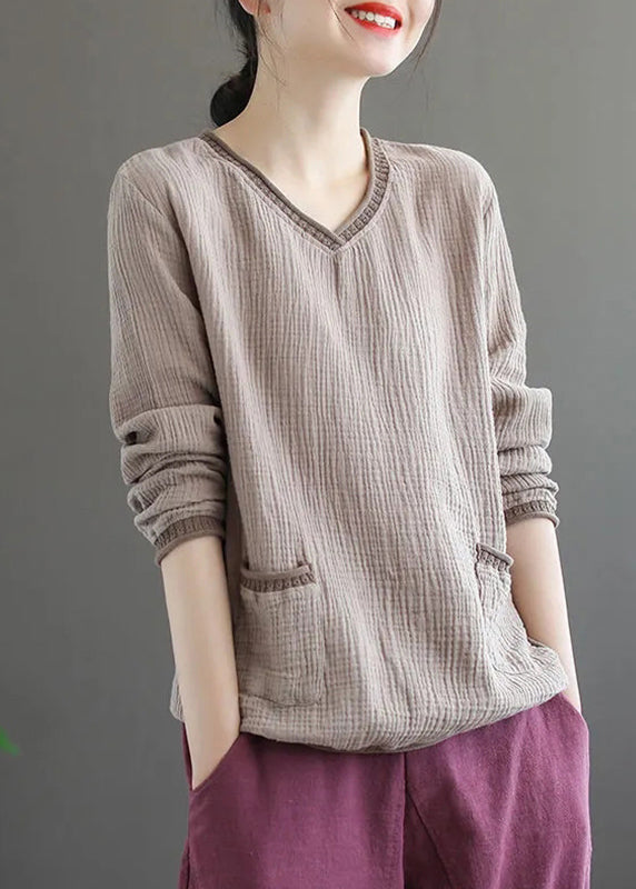 Purple V Neck Pockets Patchwork Cotton Top Fall
