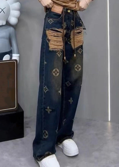 New Ripped Printed Denim Straight Leg Pants for Spring