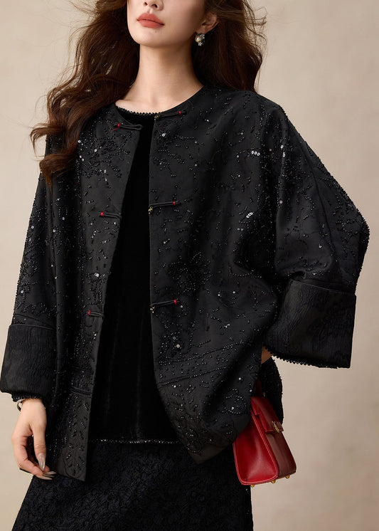 Black O-neck Button Coat Embroidered Winter