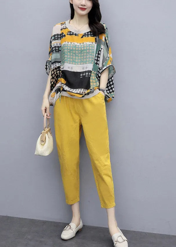 Yellow O-neck Print Top and Pants Two Pieces Set Summer