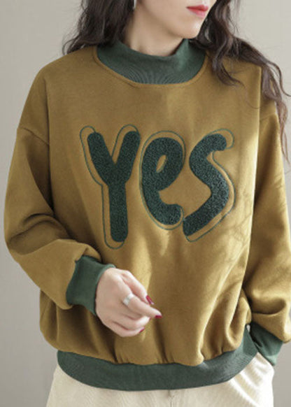 Yellow Embroideried Patchwork Warm Fleece Pullover Sweatshirt Spring