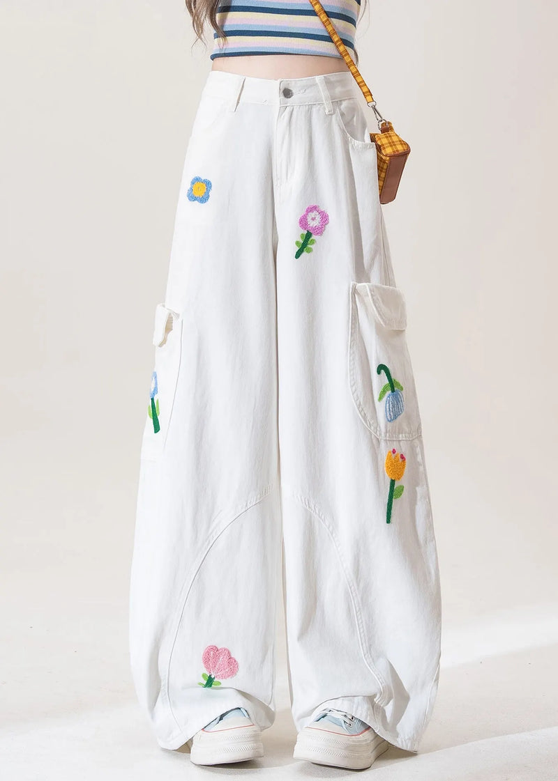White Button Pockets High Waist Denim Pants