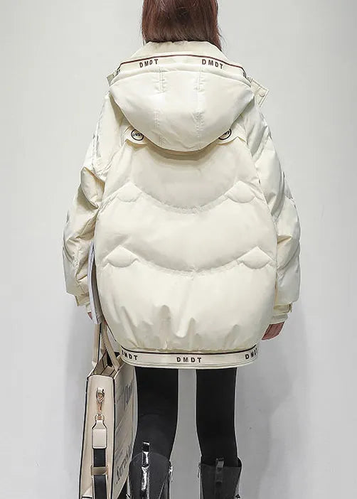 White Letter Drawstring Duck Down Winter Coats Hooded