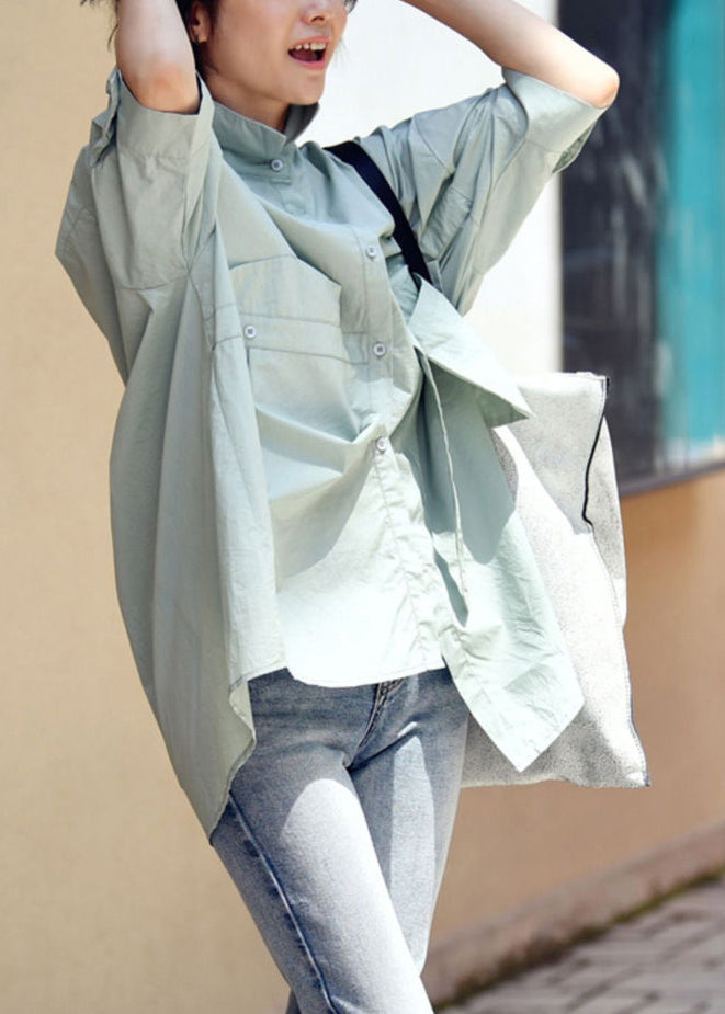 Cyan Green Colour Peter Pan Collar Button Pockets Cotton Shirt Long Sleeve