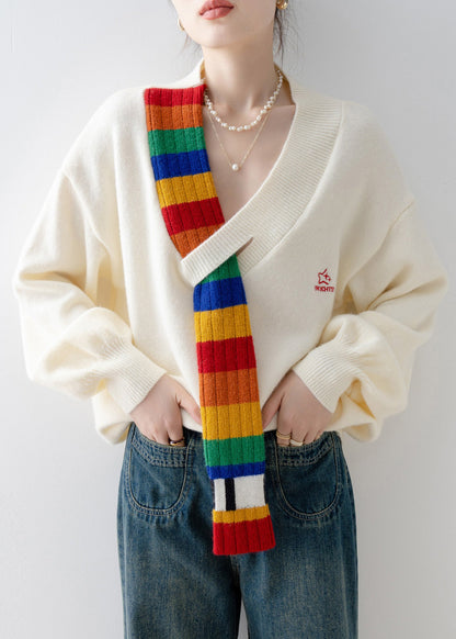 Beige V Neck Patchwork Knitted Sweaters Tops Spring